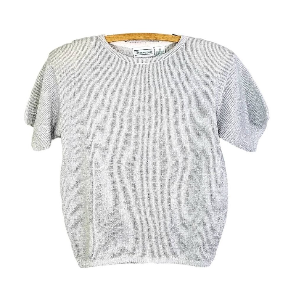Vintage White & Silver Short Sleeve Sweater By Shenanigans M Metallic Knit
